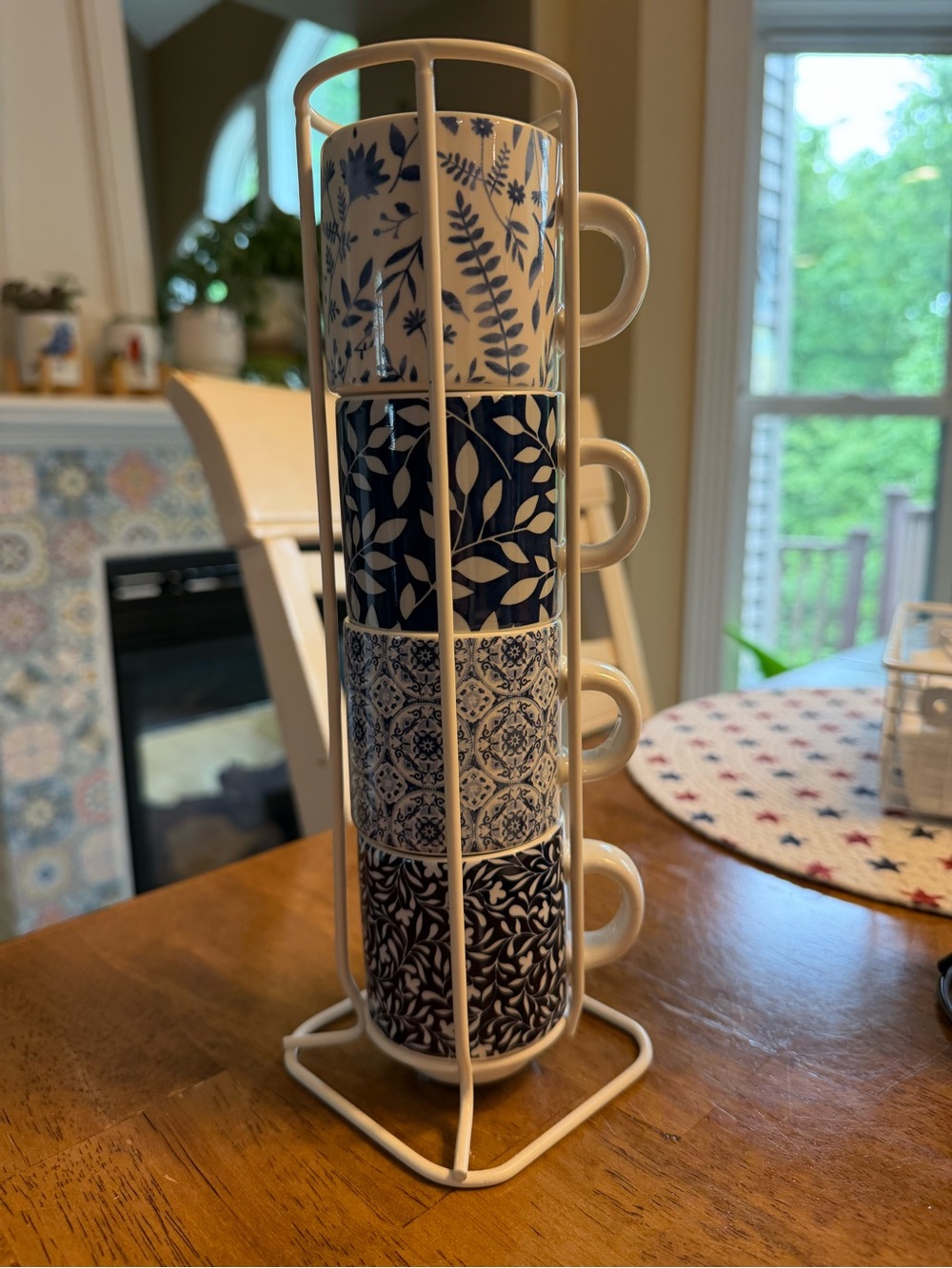 Stackable Blue and White Patterned Mug Set with Rack